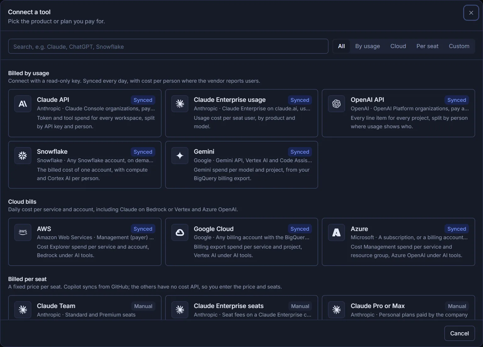 The connect a tool window, listing tools billed by usage, cloud bills and plans billed per seat.