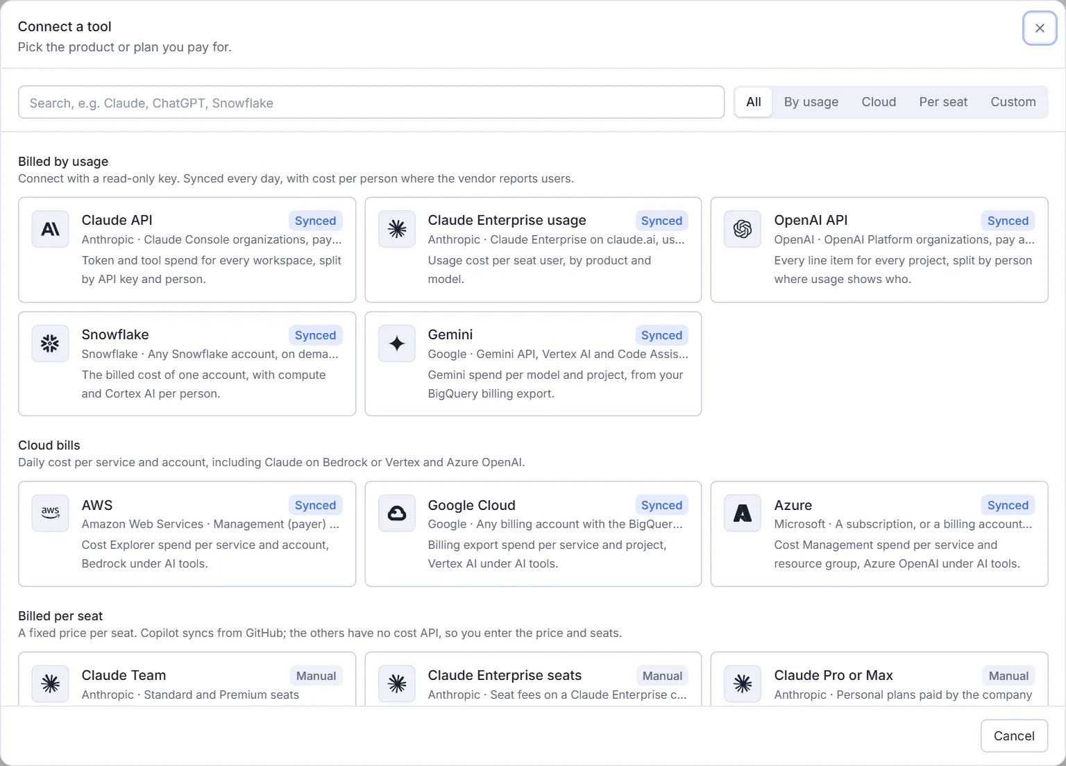 The connect a tool window, listing tools billed by usage, cloud bills and plans billed per seat.