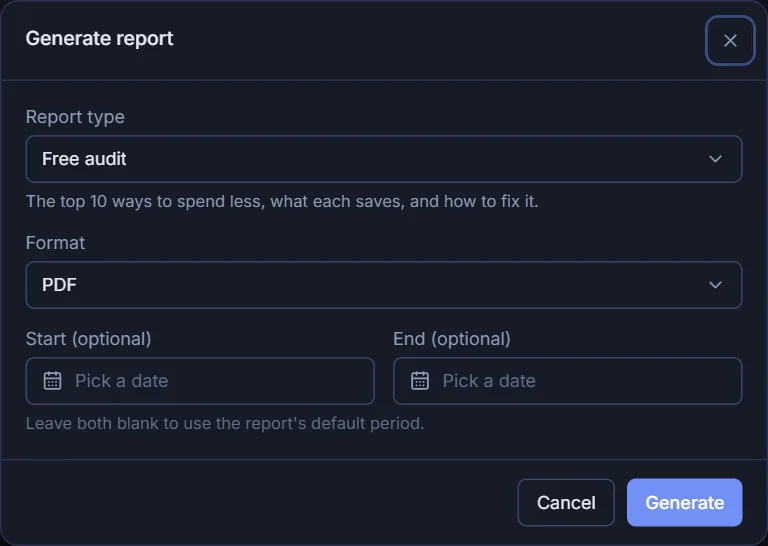 The generate report window: report type set to free audit, PDF format, and an optional date range.
