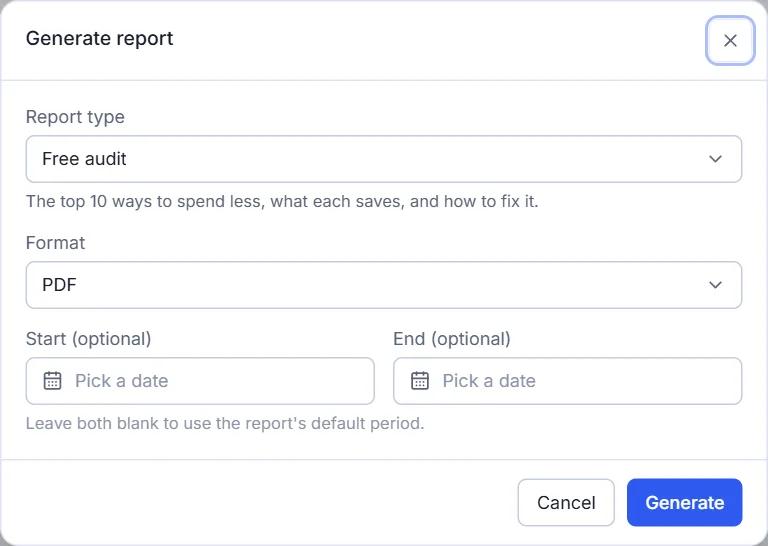 The generate report window: report type set to free audit, PDF format, and an optional date range.