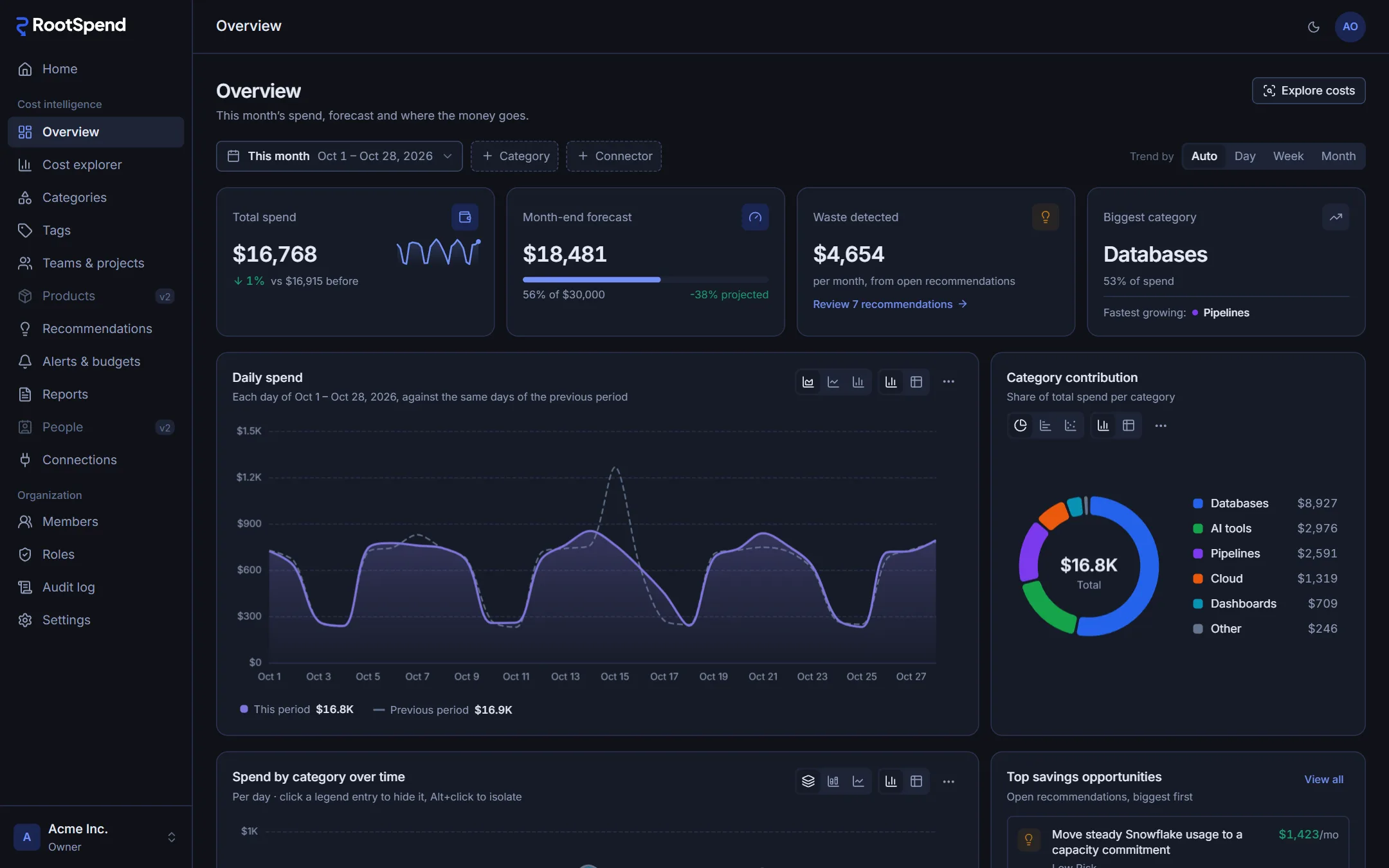 The RootSpend overview: total spend for the month, a month end forecast against the budget, waste found by recommendations, daily spend against the previous period, and spend by category.